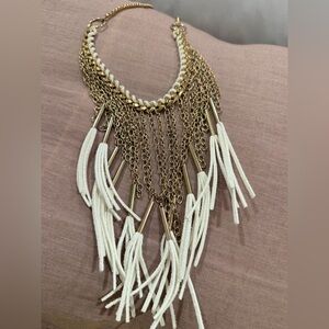 Chic White and Gold Fringe Statement Necklace